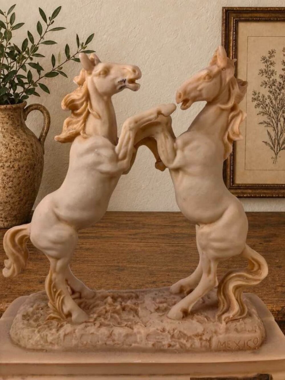 Vintage Mexico Male Female Rearing Horse Sculpture Equestrian Decor Ivory Resin